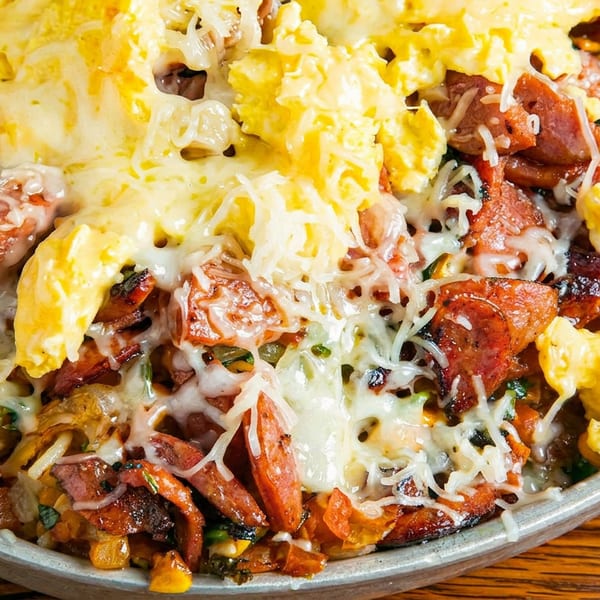 Skillet breakfast with scrambled eggs, sliced sausage, melted cheese, and sautéed vegetables.