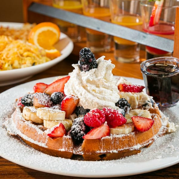Waffle topped with whipped cream, berries, bananas, and powdered sugar, with syrup and other breakfast items.