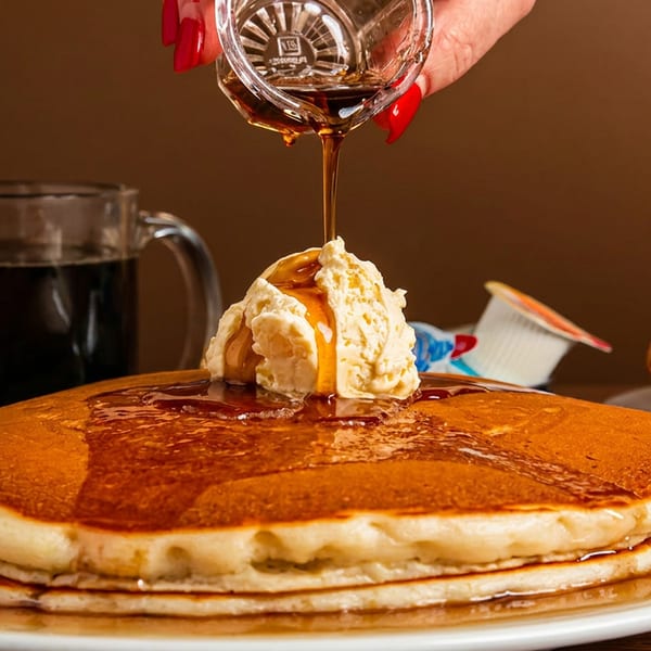 Maple syrup being poured over a stack of pancakes with butter, coffee, and toast.