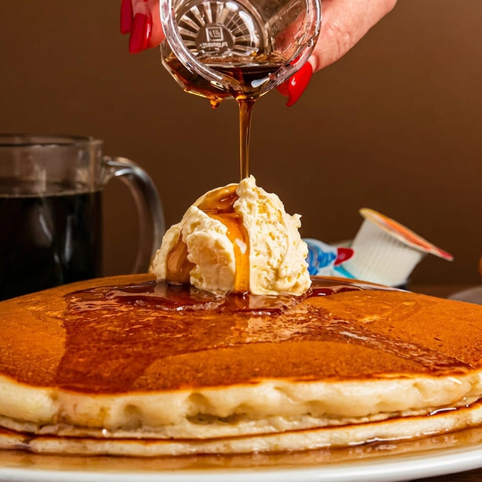 Stack of golden pancakes with melting butter and syrup being poured, alongside coffee and toast.