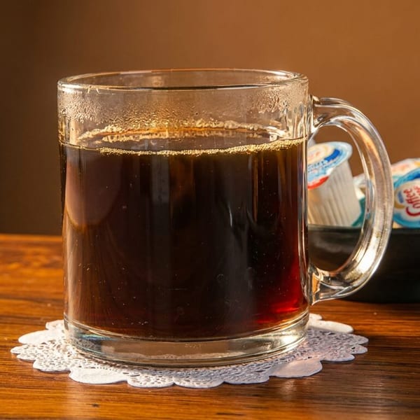 A glass mug of hot coffee on a lace doily, with creamer packets in a bowl beside it.