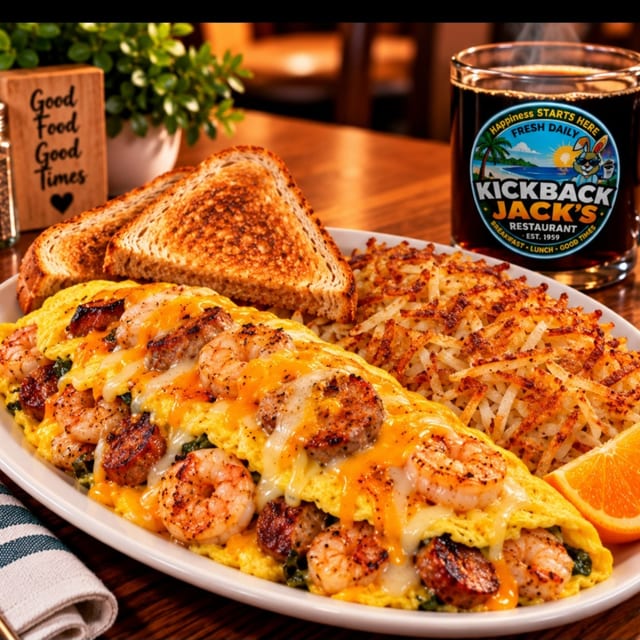 Baja Shrimp and Chicken Apple Sausage Omelette.