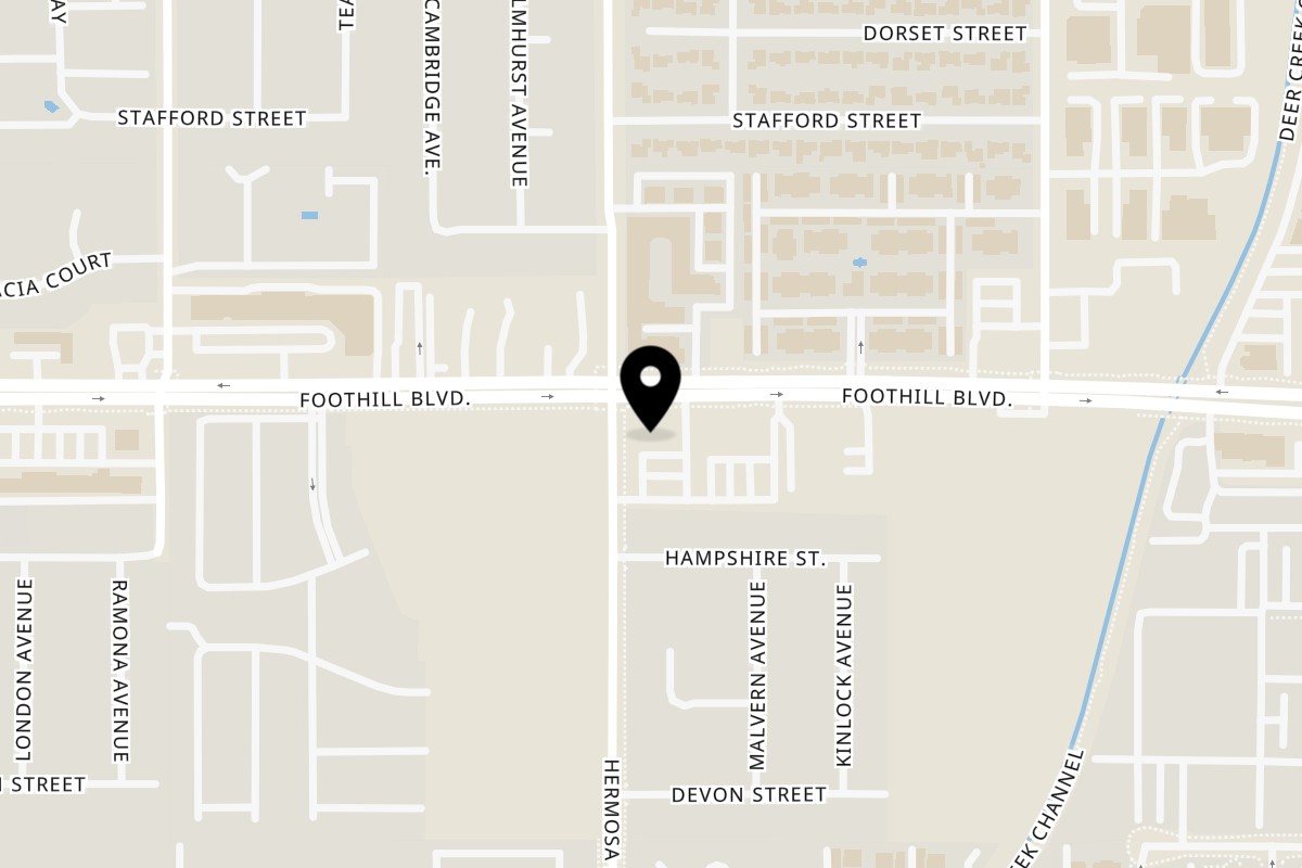 Map showing the location of Kickback Jack's on 10123 W Foothill Blvd in Rancho Cucamonga